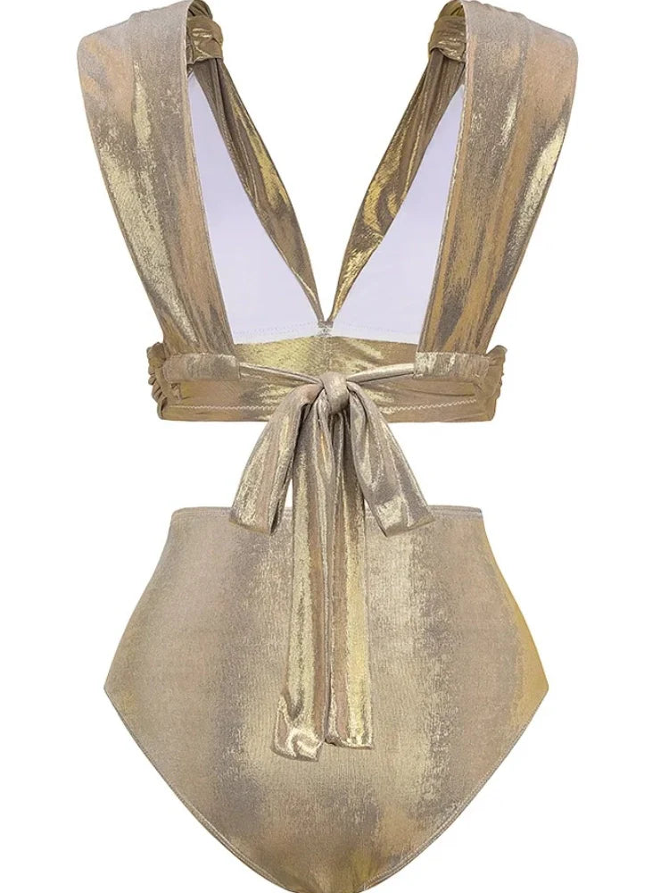 Rhinestone Ruched High-Waist Bikini Set