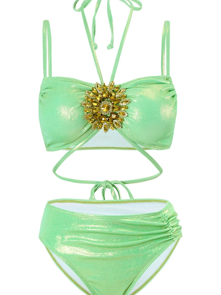 Mint Green Rhinestone Halter Bikini Set