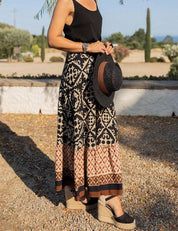 Jupe Maxi Bohème à Imprimé Tribal Baroque en Noir