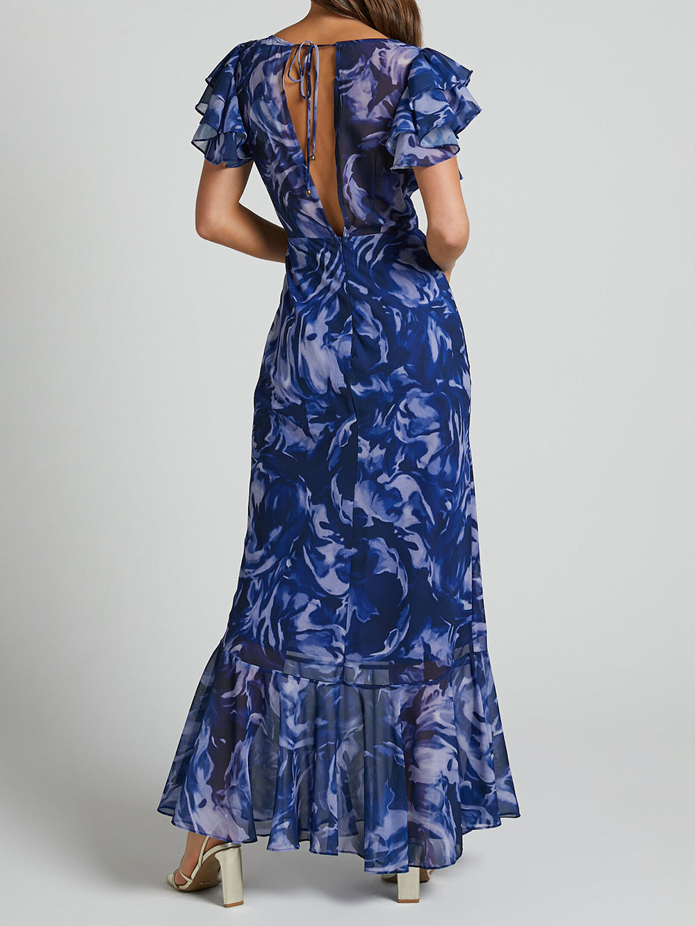 Abito lungo a maniche svolazzanti con scollo a V in motivo swirl blu navy