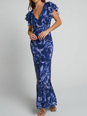 Abito lungo a maniche svolazzanti con scollo a V in motivo swirl blu navy