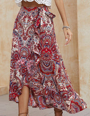 Jupe midi asymétrique bohème à motif cachemire