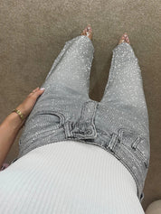 Jeans Premium de Perna Larga com Diamanté em Denim Cinzento Tempestade