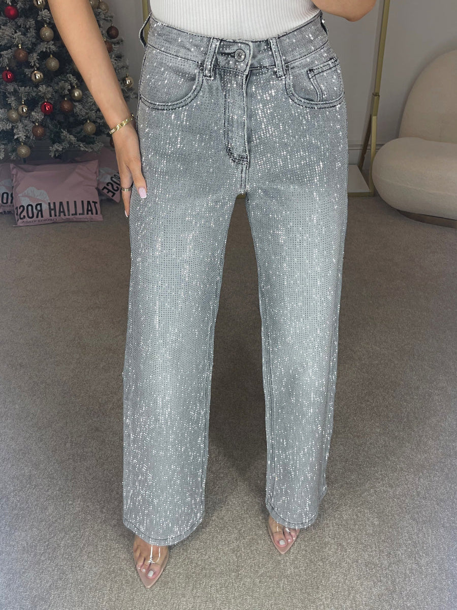 Jeans Premium de Perna Larga com Diamanté em Denim Cinzento Tempestade