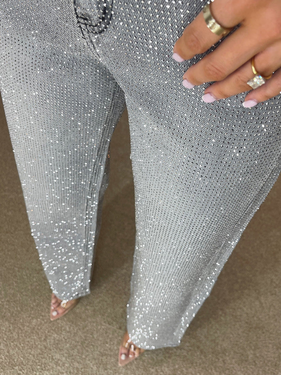Jeans Premium de Perna Larga com Diamanté em Denim Cinzento Tempestade