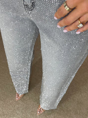 Jeans Premium de Perna Larga com Diamanté em Denim Cinzento Tempestade