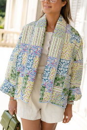 Veste imprimée patchwork à motifs floraux jaune-vert