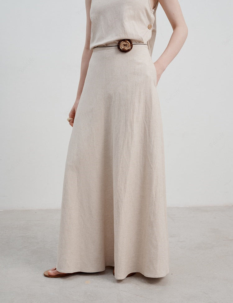 Vintage Linen Casual Midi Skirt