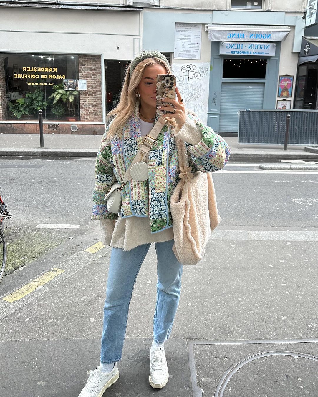 Veste imprimée patchwork à motifs floraux jaune-vert