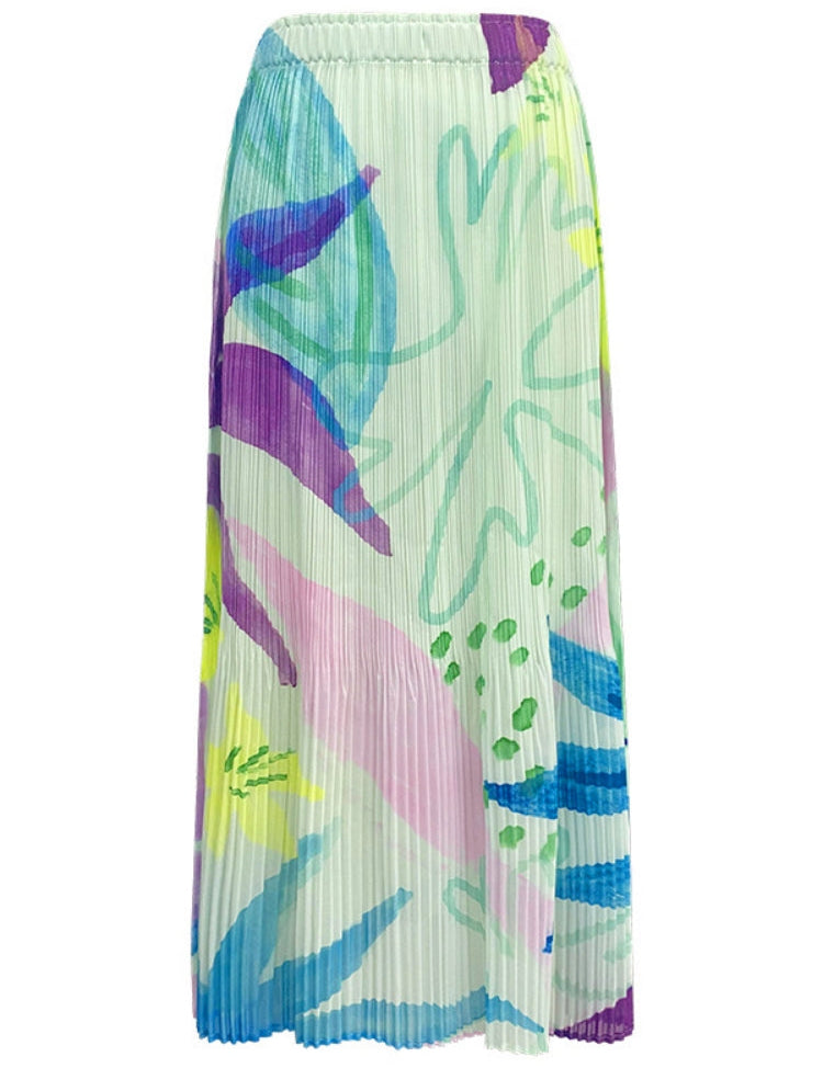 Slim printed pleated A skirt