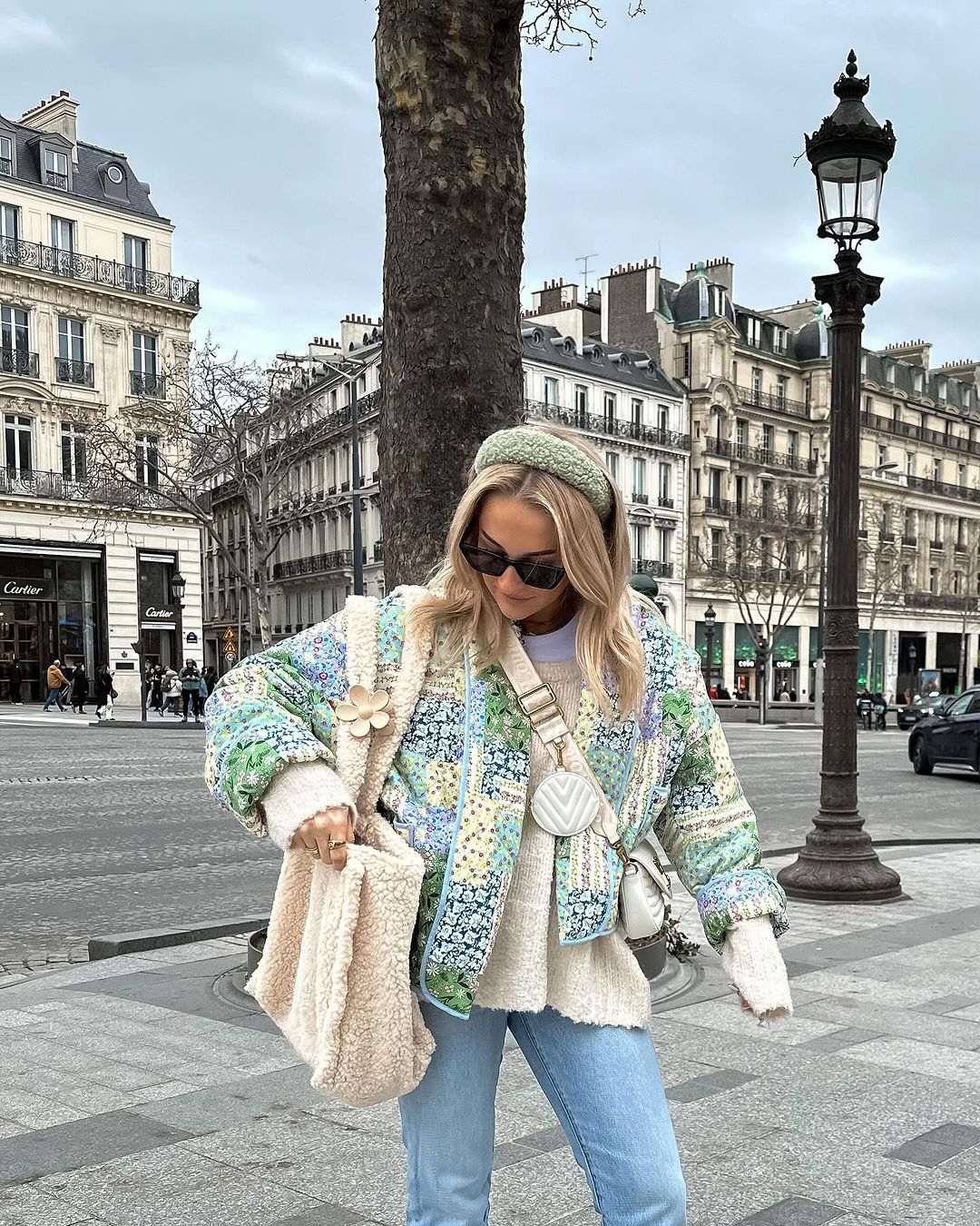 Veste imprimée patchwork à motifs floraux jaune-vert