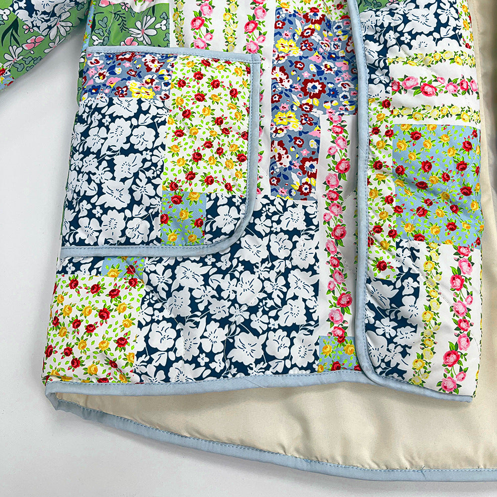 Veste imprimée patchwork à motifs floraux jaune-vert