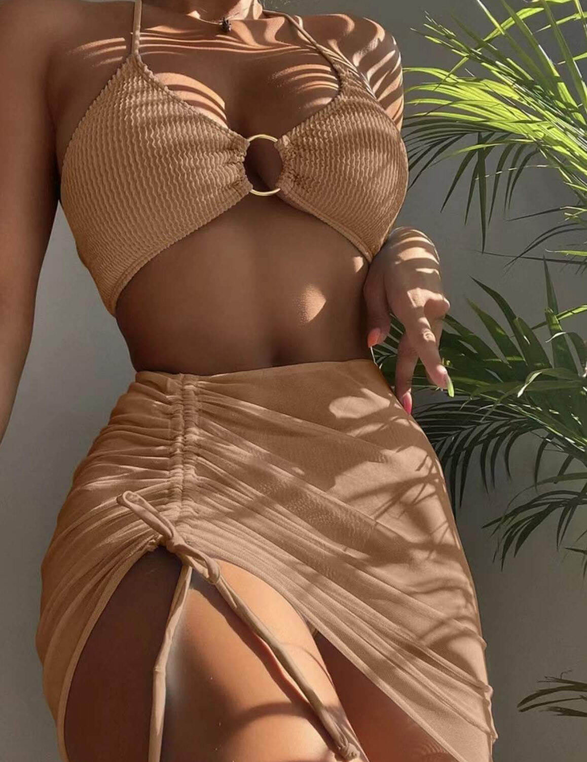 Solid Color Sexy Halterneck Three-Piece Swimsuit Bikini