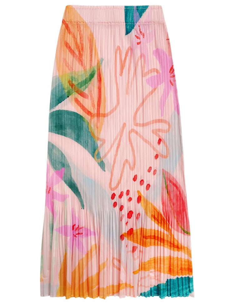 Slim printed pleated A skirt