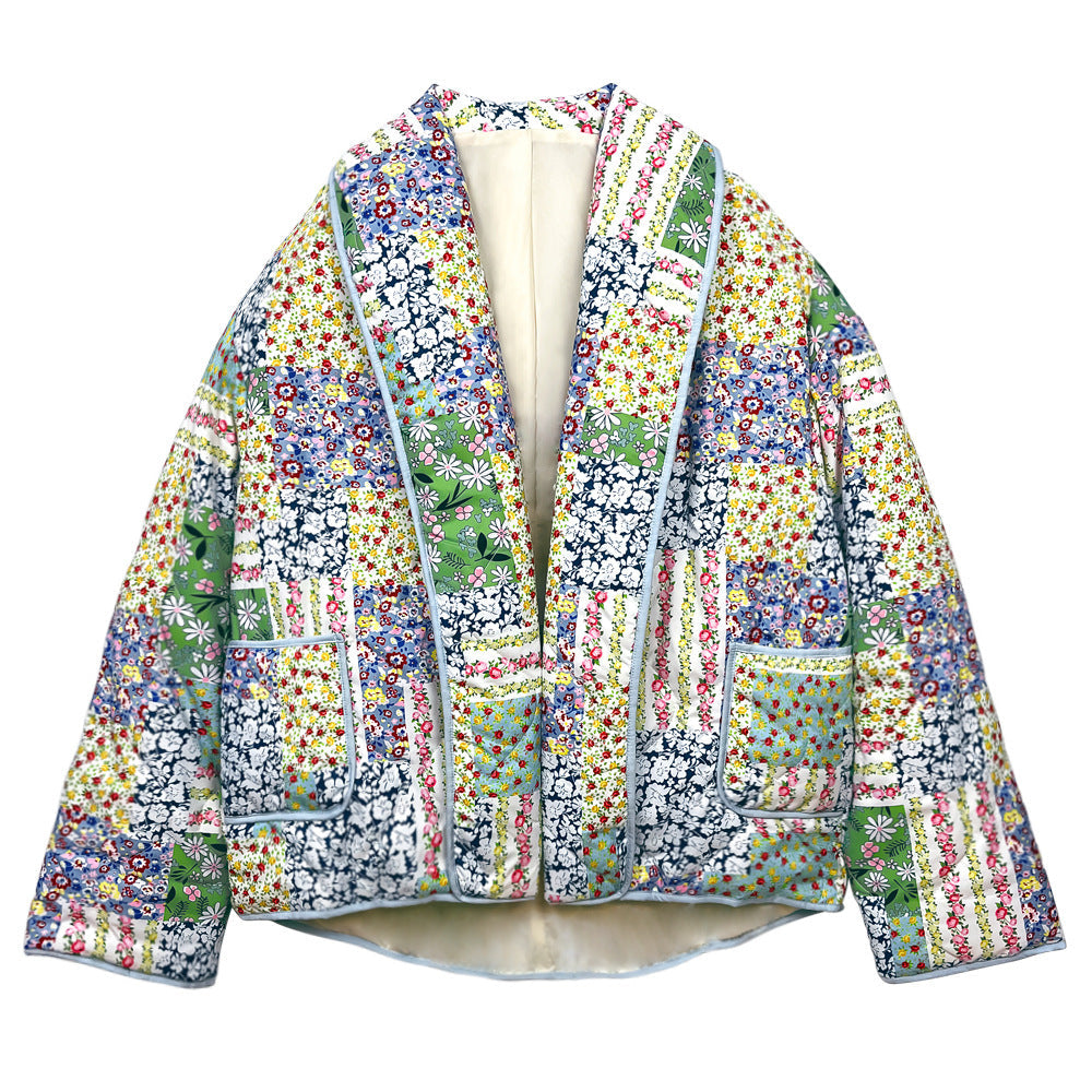 Veste imprimée patchwork à motifs floraux jaune-vert