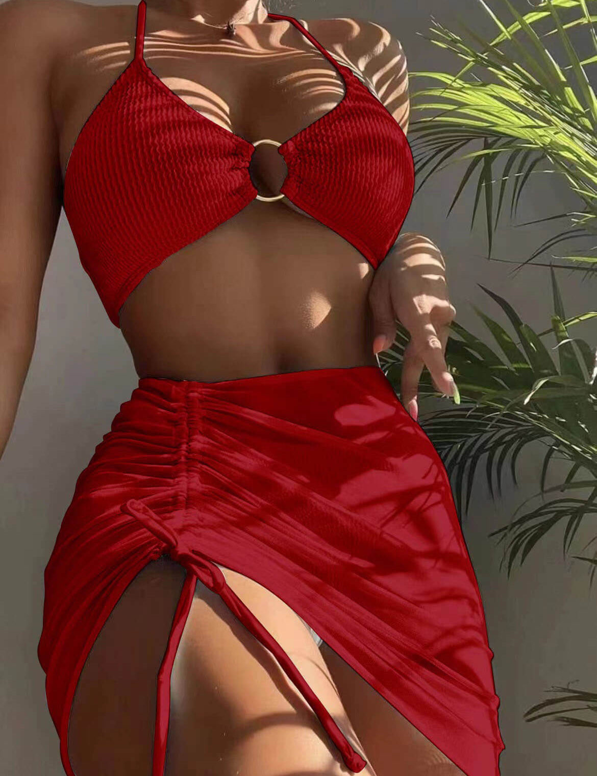 Solid Color Sexy Halterneck Three-Piece Swimsuit Bikini