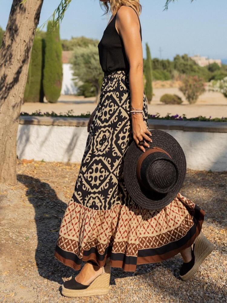 Jupe Maxi Bohème à Imprimé Tribal Baroque en Noir