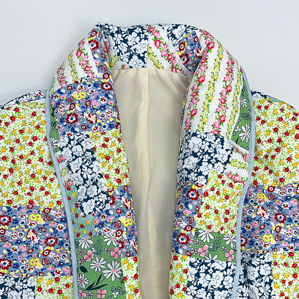 Veste imprimée patchwork à motifs floraux jaune-vert