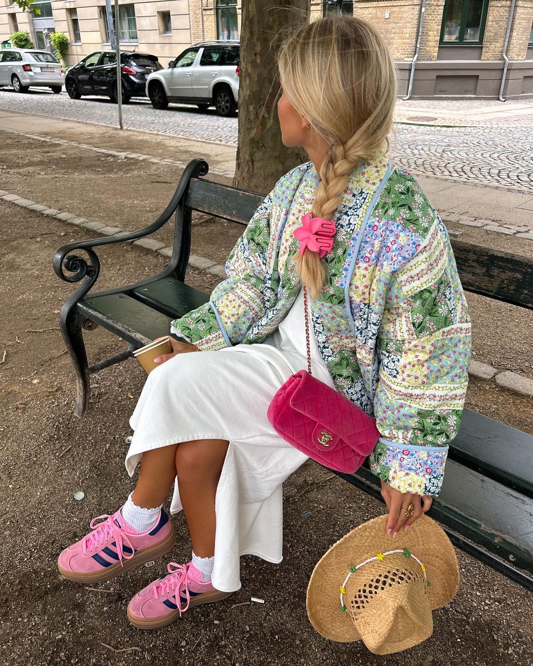 Veste imprimée patchwork à motifs floraux jaune-vert