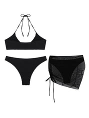 Solid Color Sexy Halterneck Three-Piece Swimsuit Bikini