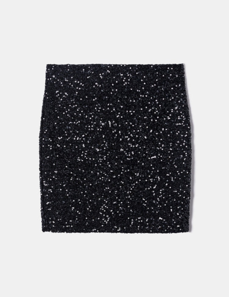 Black Sequin Long Sleeve Knit Top & Mini Skirt