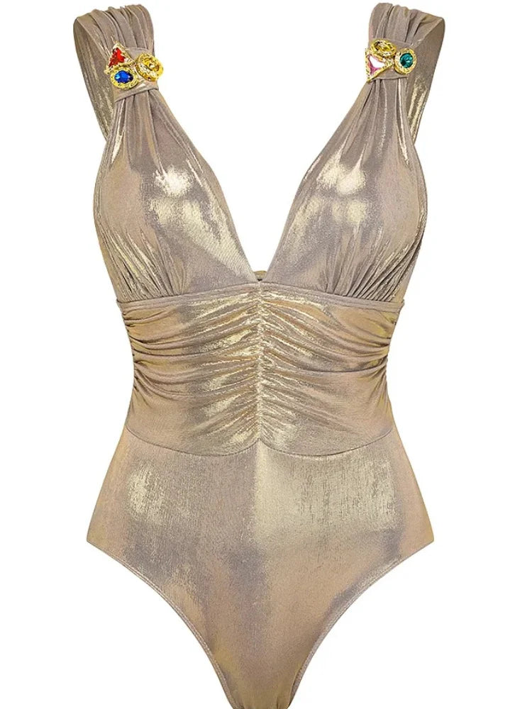 V-Neck Ruched Rhinestone One-Piece Swimsuit