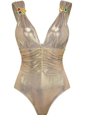 V-Neck Ruched Rhinestone One-Piece Swimsuit
