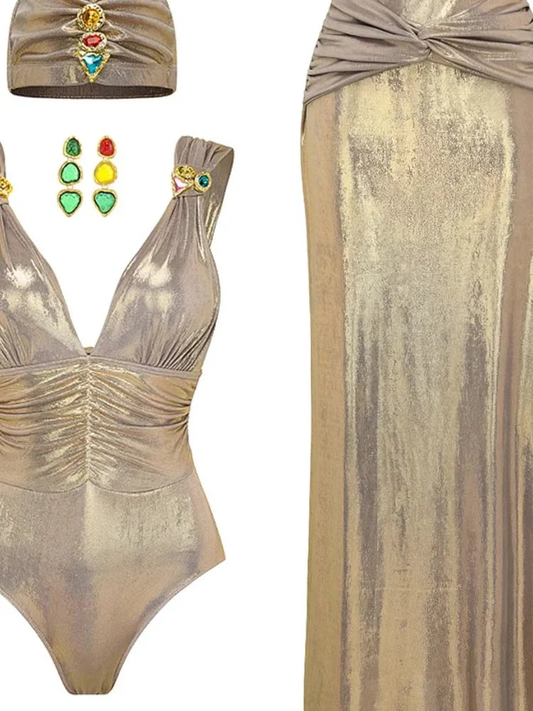 V-Neck Ruched Rhinestone One-Piece Swimsuit