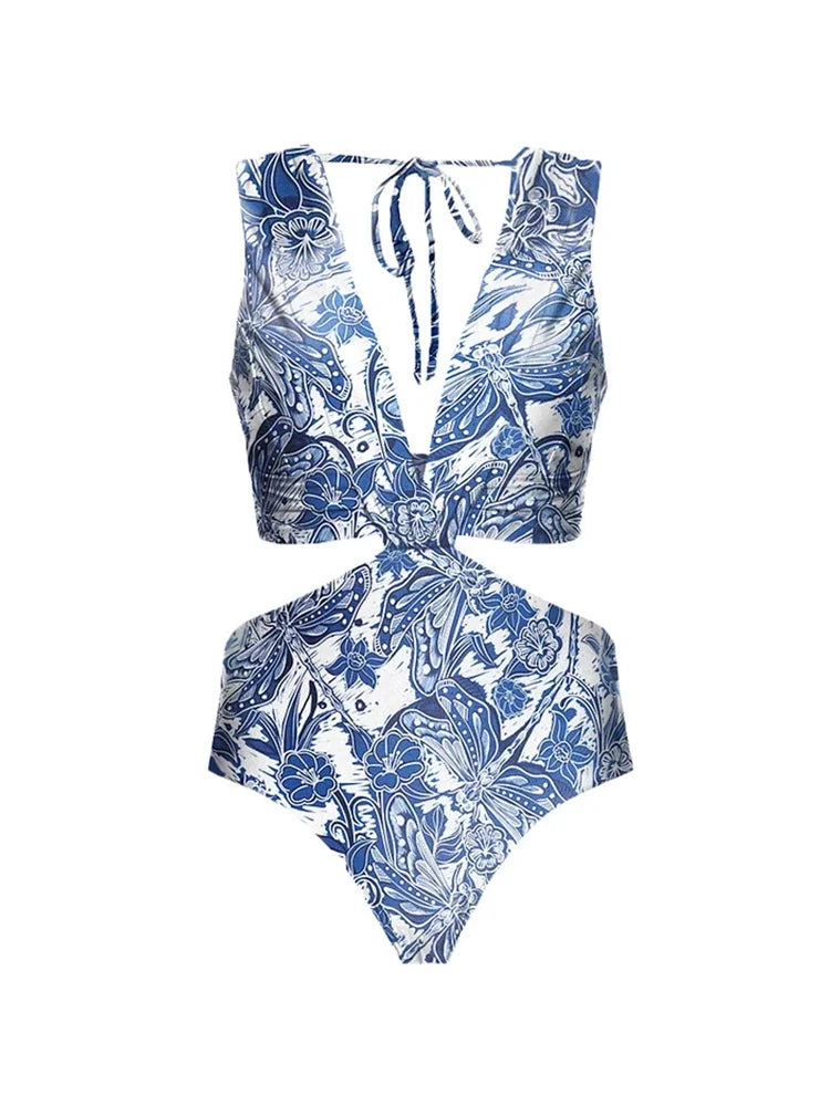 Dragonfly Print Cutout One-Piece Swimsuit