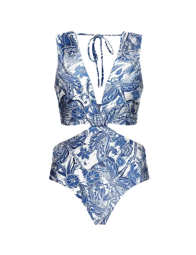 Dragonfly Print Cutout One-Piece Swimsuit