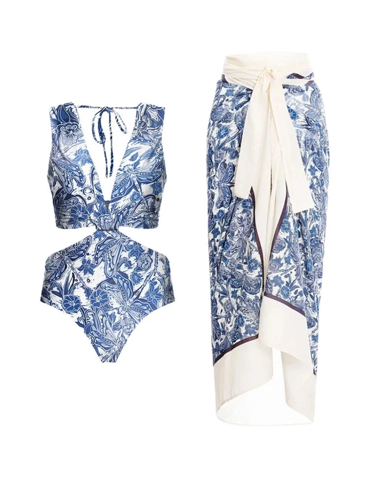 Dragonfly Print Cutout One-Piece Swimsuit