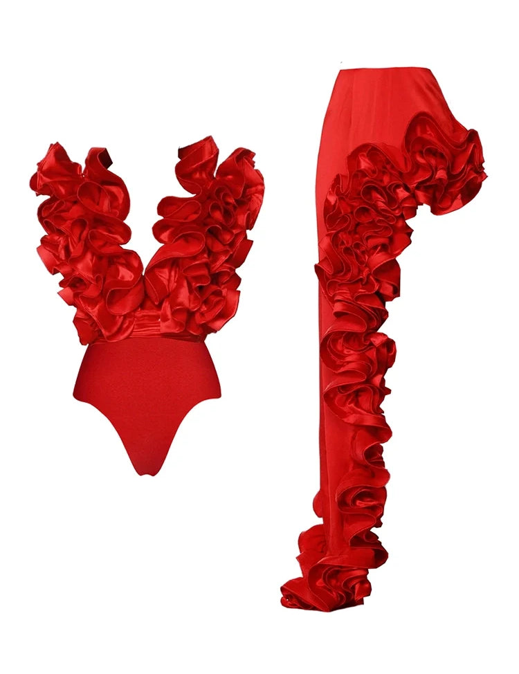 Ruffled V-Neck Red Asymmetrical Swimsuit Set