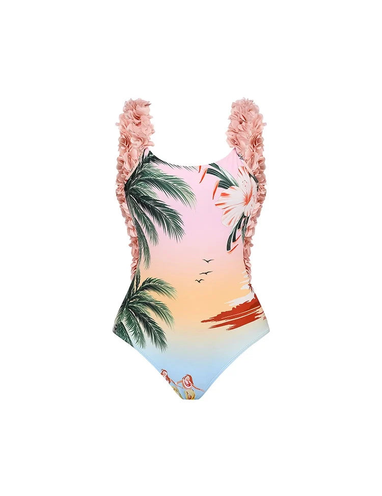 Coconut Tree Print Appliqué One-Piece Swimsuit