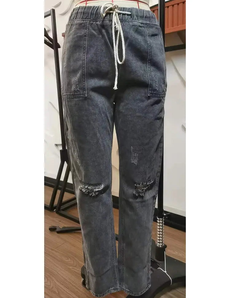 Autumn Drawstring Waist Distressed Denim Pants