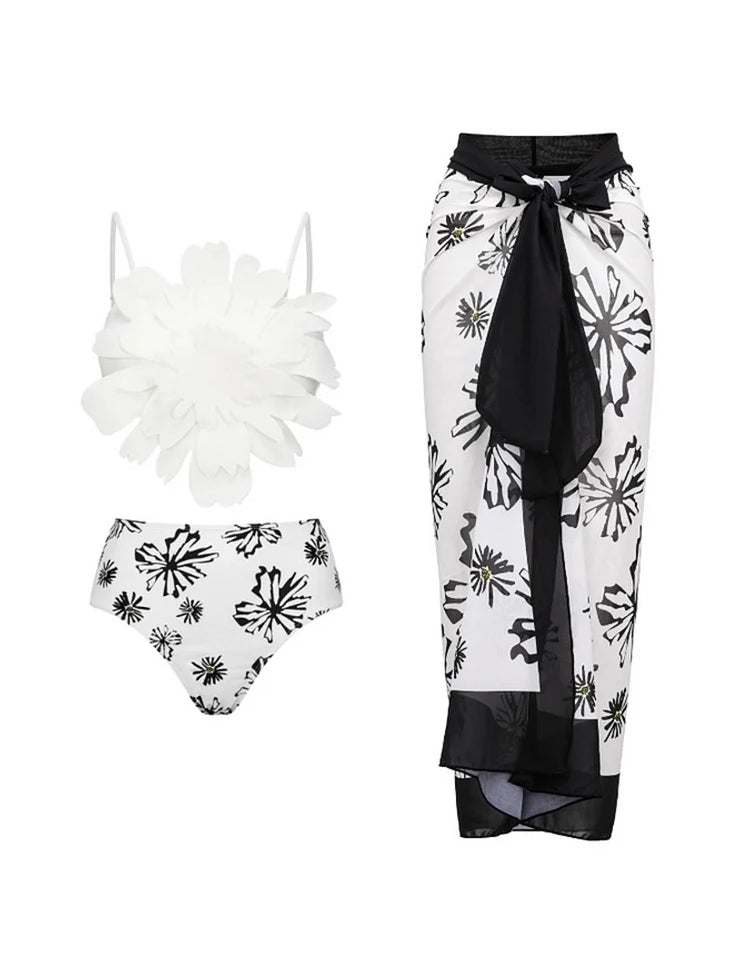 Floral Trim White Printed Bikini Set