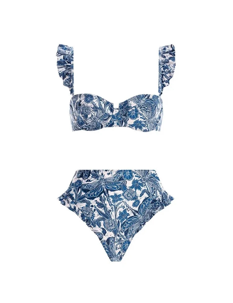 Blue Dragonfly Print Ruffle Bikini Set