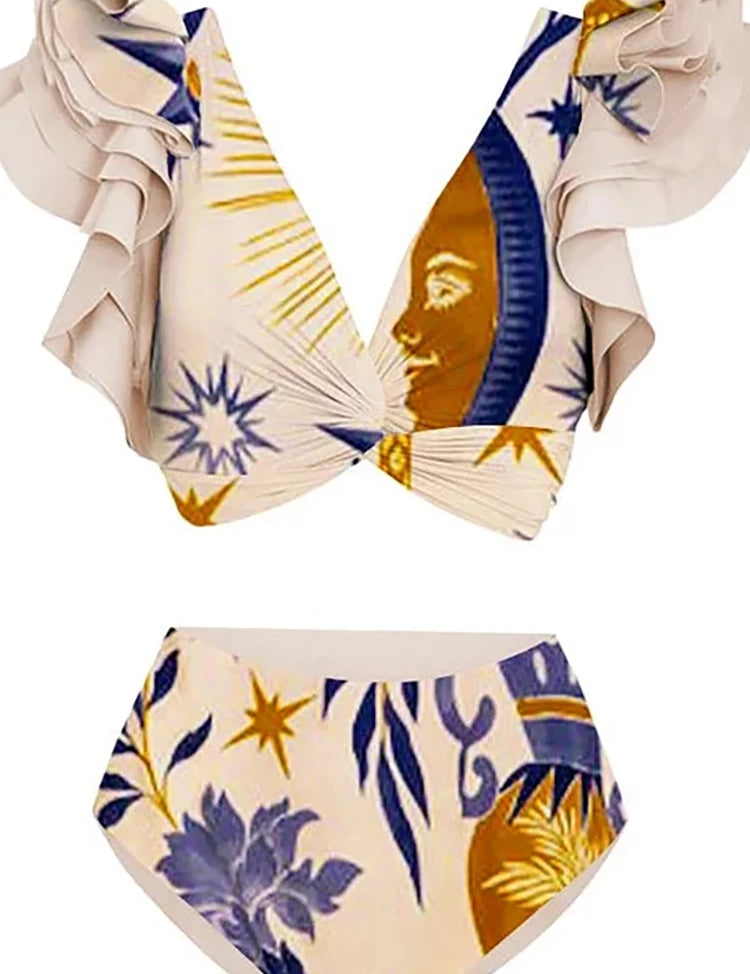 Ruffled Ethnic Print Bikini Set for Women