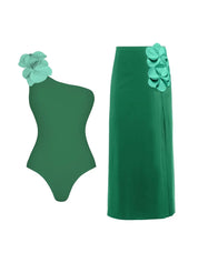 Green One-Shoulder 3D Floral Swimsuit