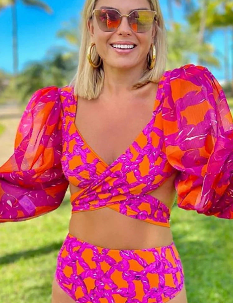 Long-Sleeve Tie-Up Printed Swimsuit Set