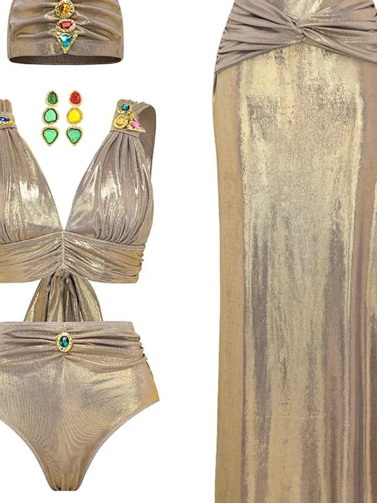 Rhinestone Ruched High-Waist Bikini Set
