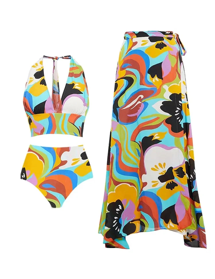 Deep V Halter Neck Print Sexy Swimsuit Set