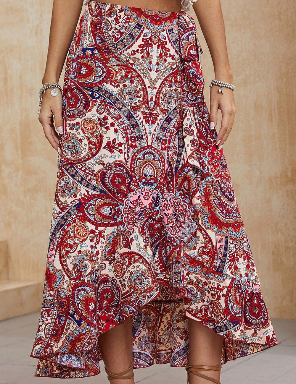 Jupe midi asymétrique bohème à motif cachemire