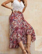 Jupe midi asymétrique bohème à motif cachemire