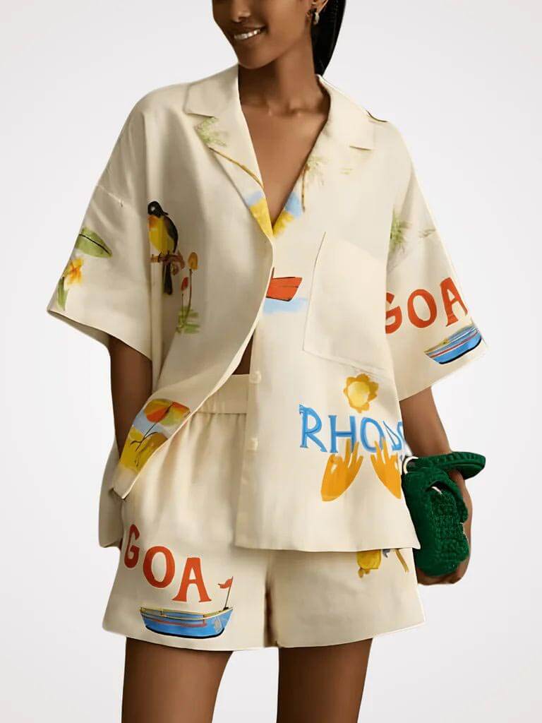 Conjunto de Duas Peças com Calções Soltos e Estampa Floral Folclórica Única para Férias