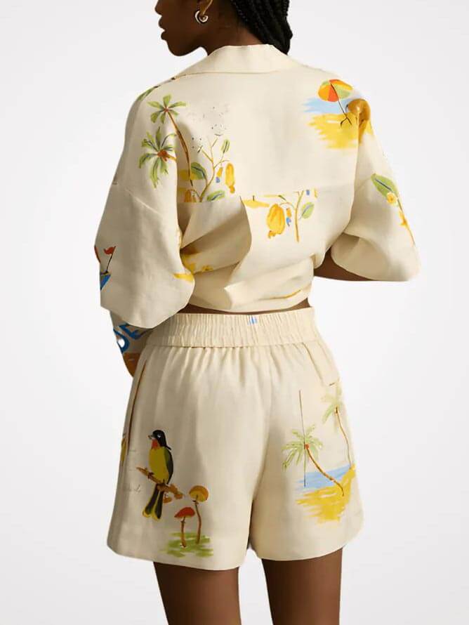 Conjunto de Duas Peças com Calções Soltos e Estampa Floral Folclórica Única para Férias