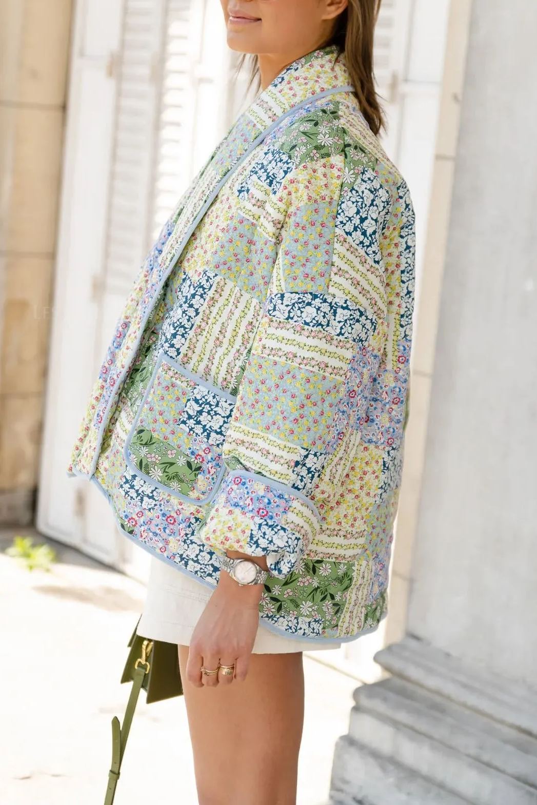 Veste imprimée patchwork à motifs floraux jaune-vert