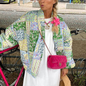 Veste imprimée patchwork à motifs floraux jaune-vert