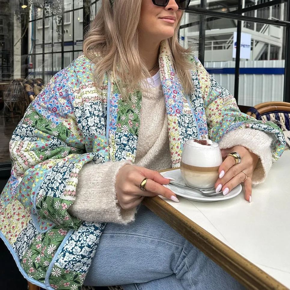 Veste imprimée patchwork à motifs floraux jaune-vert