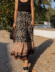 Jupe Maxi Bohème à Imprimé Tribal Baroque en Noir