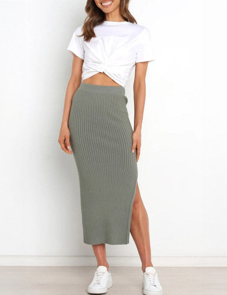 Grey Ribbed Knit Midi Skirts